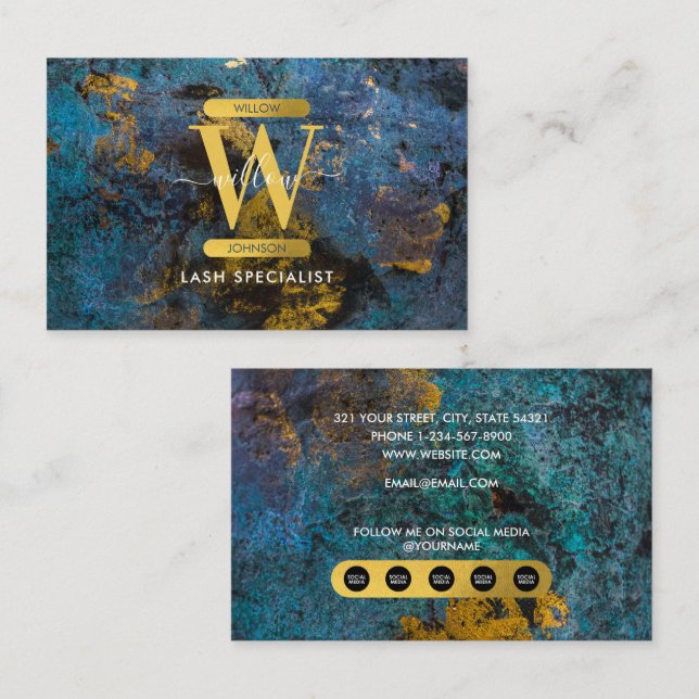 Carte De Visite Blue & Gold Agate Geode Glitter Monogram Marble (Devant / Derrière)