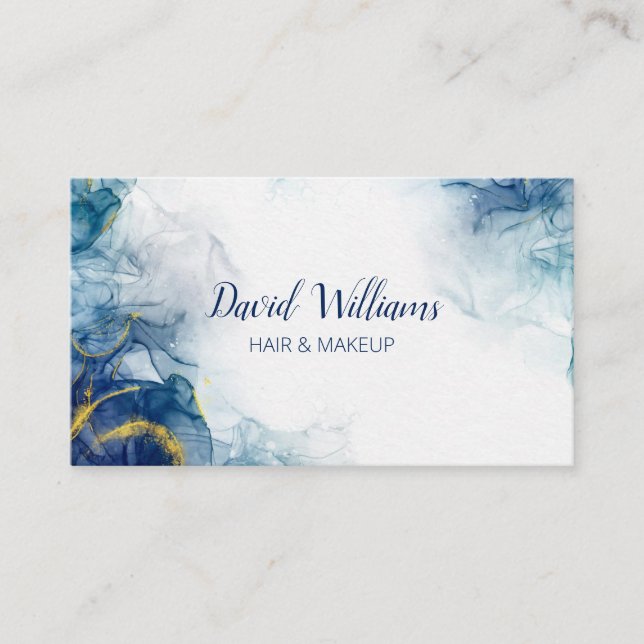 Carte De Visite Blue Gold Art Moderne Aquarelle Liquide (Devant)