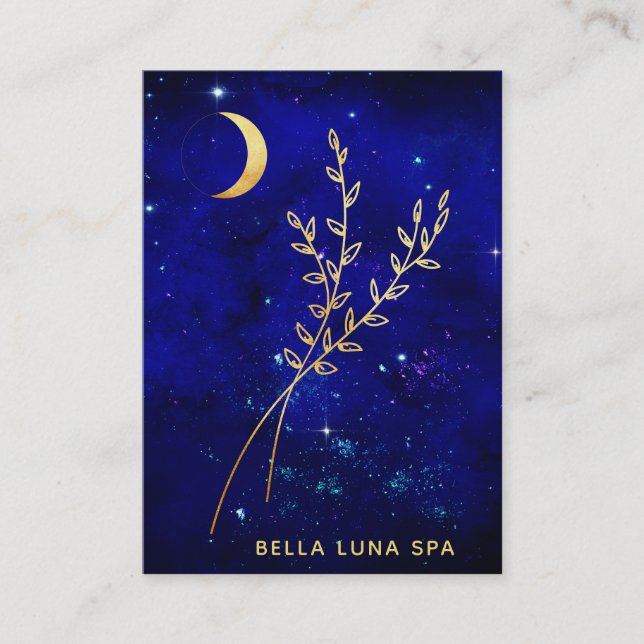 Carte De Visite *~* Blue Gold Crescent Moon Branches Feuilles (Devant)