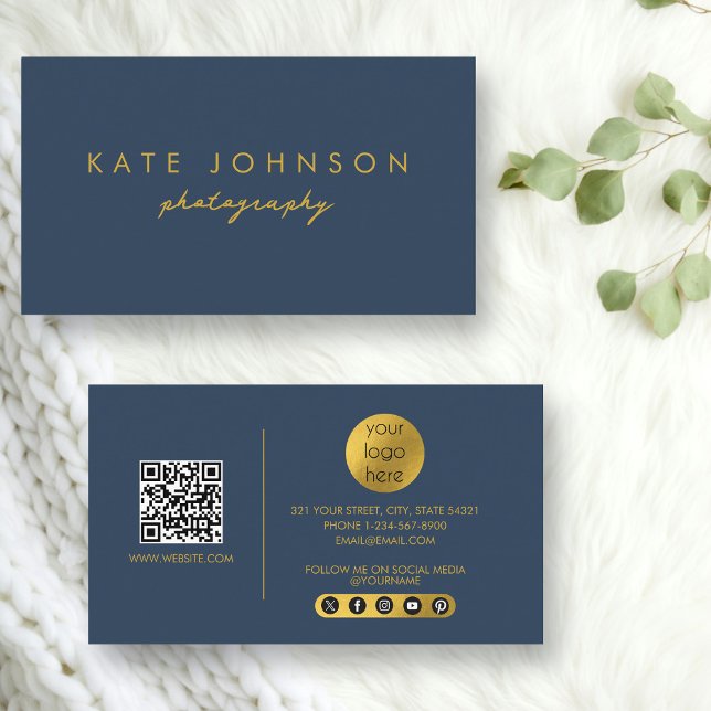 Carte De Visite Blue Gold Modern Script QR Code Social Media B (Blue Gold Modern Script QR Code Social Media B Business Card)