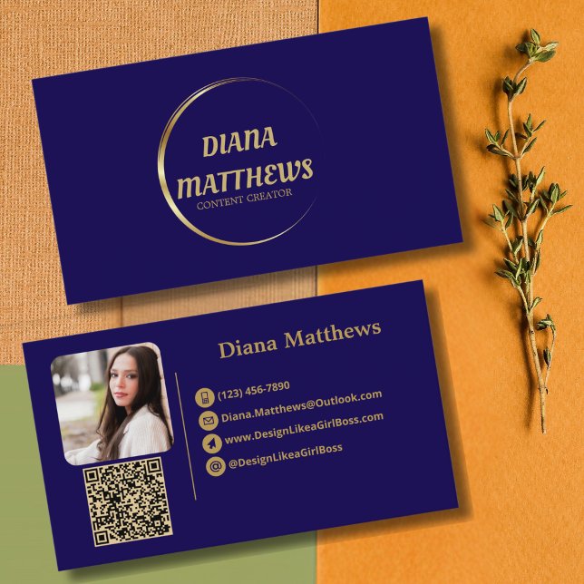Carte De Visite Blue Gold moderne, QR Code photo professionnelle (Créateur téléchargé)