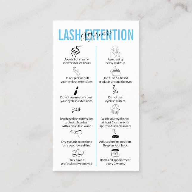 Carte De Visite Blue Icon Lash Extension Aftercare (Dos)