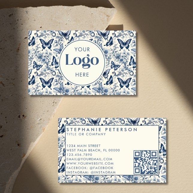 Carte De Visite Blue Ivory Toile De Jouy Custom Logo QR Code (Créateur téléchargé)