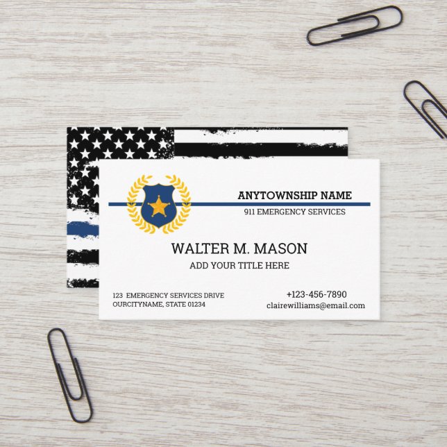 Carte De Visite Blue Line Police US FLAG (Devant/Arrière en situation)