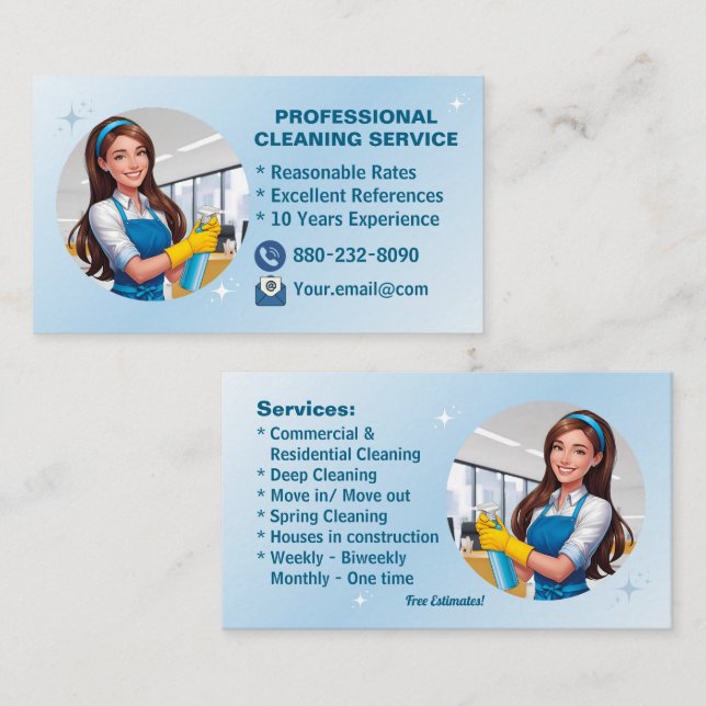 Carte De Visite Blue Maid House Cleaning Services Janitorial Clean (Devant / Derrière)