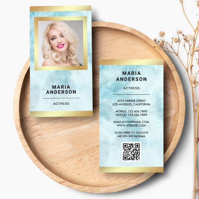Carte De Visite Blue Marble Gold Modèle Actrice QR Code Photo (Créateur téléchargé)