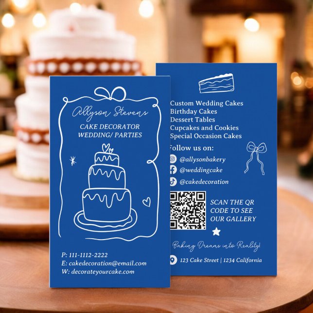Carte De Visite Blue Retro French Scribble cake decorateur code qr (Blue Retro French Scribble cake decorator qr code Business Card)