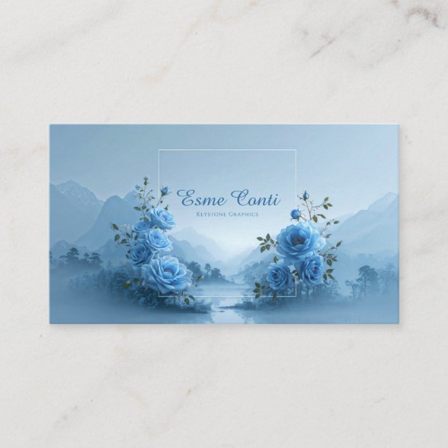 Carte De Visite Blue Rose Floral and Misty Mountain Lake (Devant)