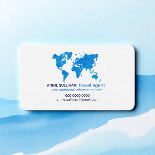 Carte De Visite Blue Watercolor World Map Agent de voyage