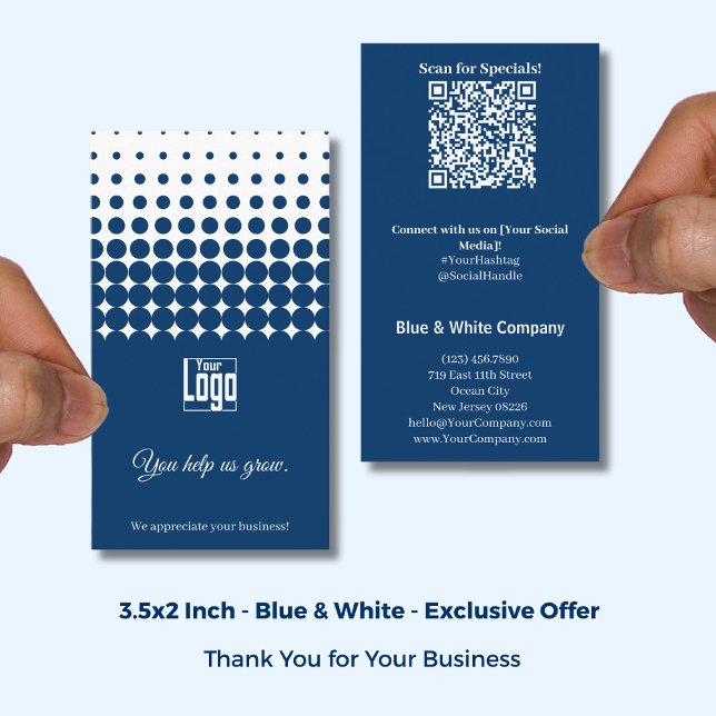 Carte De Visite Blue White Thank You, QR Access to Special Offer (Blue White Thank You, QR Access to Special Offer Business Card; Size: 3.5x2 Inch)