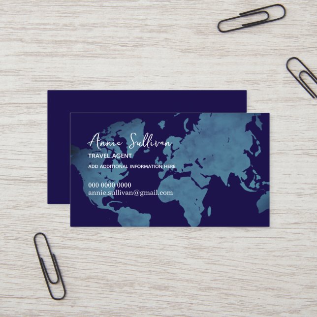 Carte De Visite  Blue World Map Travel Agent (Devant/Arrière en situation)