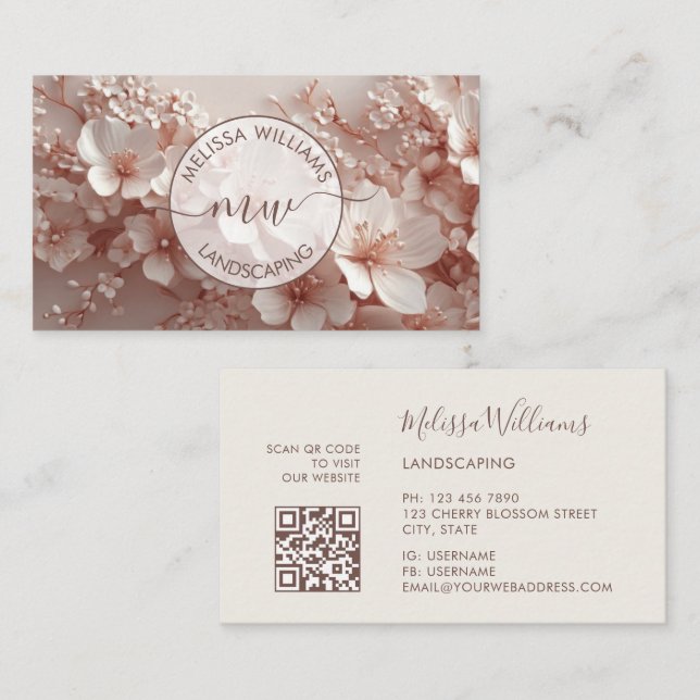 Carte De Visite Blush Blanc Logo Initiales Fleurs 3D (Devant / Derrière)
