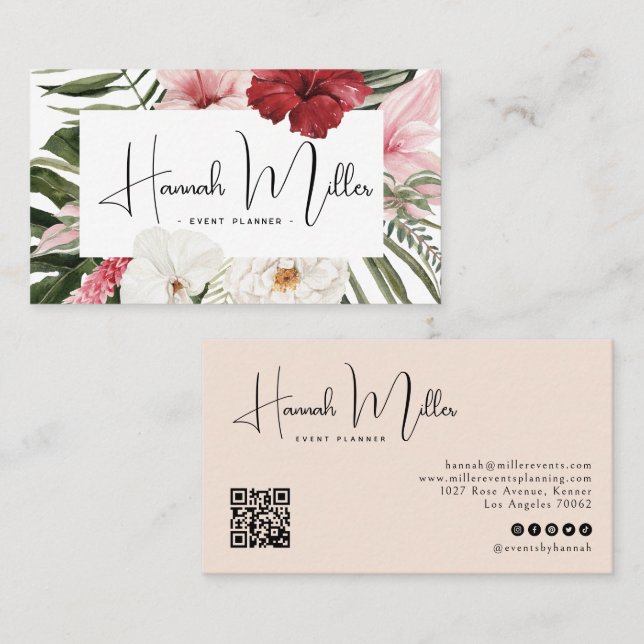 Carte De Visite Blush | Code QR Palmiers Floraux Tropicaux  (Devant / Derrière)