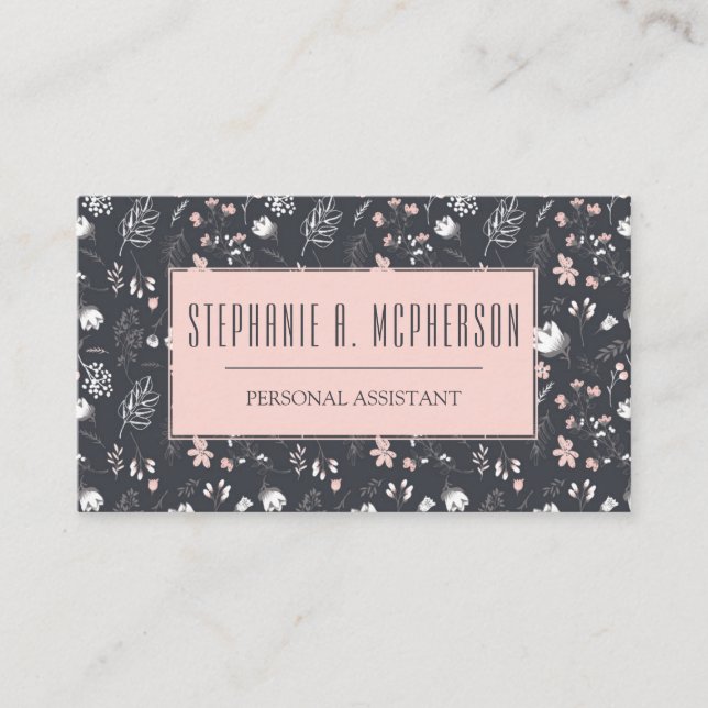 Carte De Visite Blush Féminin & Impression Florale au Charbon (Devant)