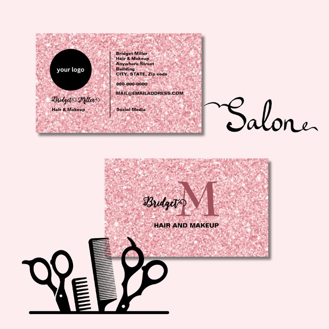 Carte De Visite Blush Glitter hair Makeup monogram Logo (Créateur téléchargé)