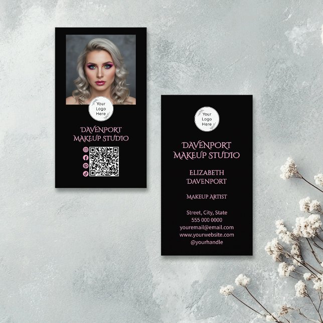 Carte De Visite Blush Noir Logo Code QR Photo Maquillage (Créateur téléchargé)