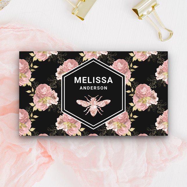 Carte De Visite Blush Noir Rose Florale Abeille Dorée (Créateur téléchargé)