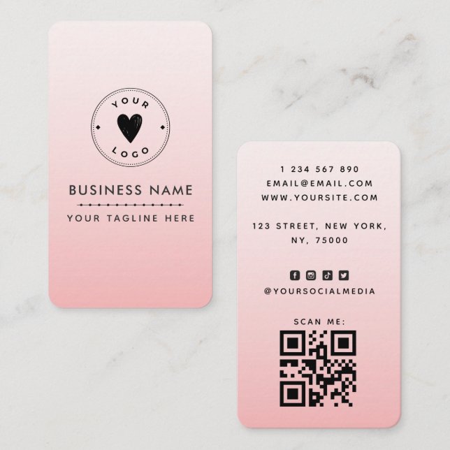 Carte De Visite Blush Pink Ajouter votre logo mignon Code QR Média (Devant / Derrière)
