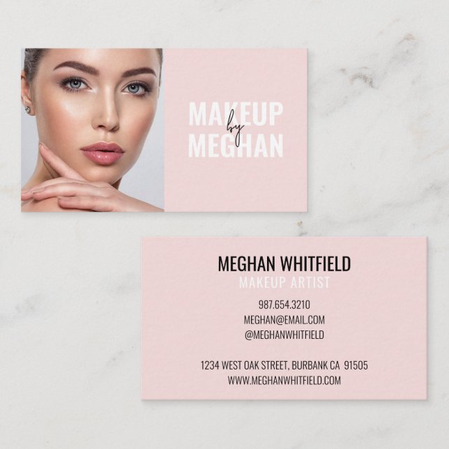 Carte De Visite Blush Pink Black Modern Photo Makeup Business Card (Devant / Derrière)