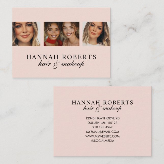 Carte De Visite Blush Pink Black Script 3 Photo Hair Makeup (Devant / Derrière)