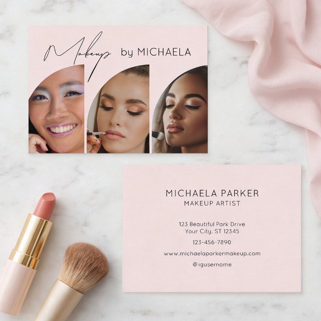 Carte De Visite Blush Pink Black Script 3 Photo Makeup (Créateur téléchargé)