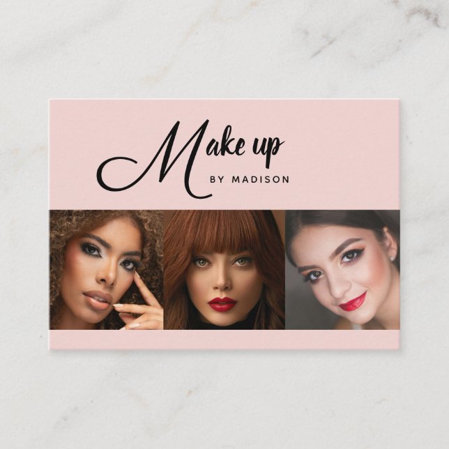 Carte De Visite Blush Pink Black Script 3 Photo Makeup (Devant)