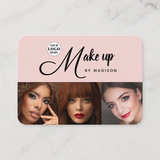 Carte De Visite Blush Pink Black Script Logo 3 Photo Makeup (Devant)