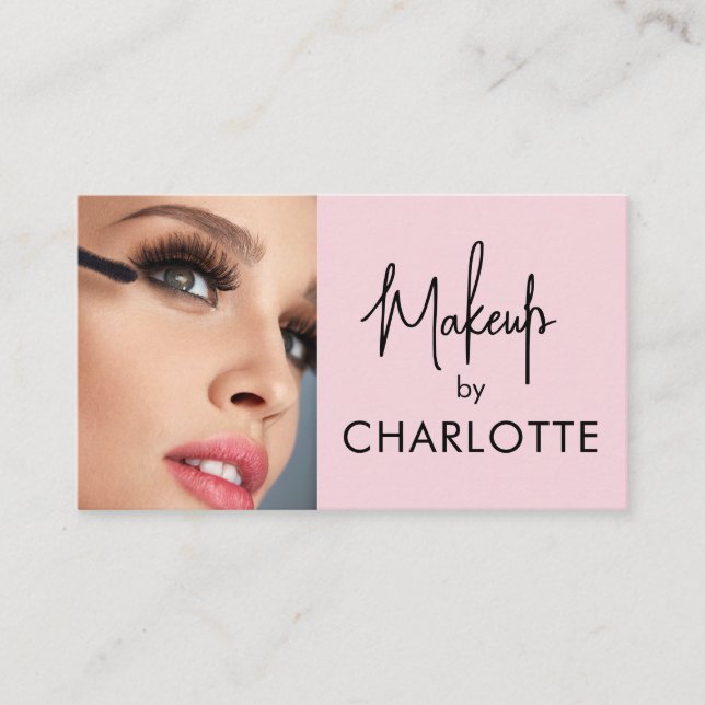 Carte De Visite Blush Pink Black Script Photo Makeup (Devant)