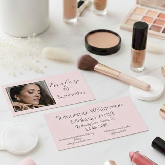 Carte De Visite Blush Pink Black Script Photo Makeup (Créateur téléchargé)