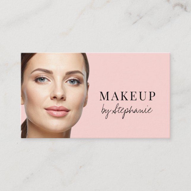 Carte De Visite Blush Pink Black Script Photo Makeup (Devant)