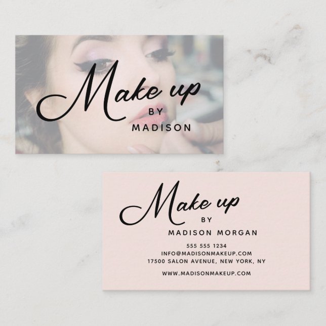 Carte De Visite Blush Pink Black Script Photo Makeup Business Card (Devant / Derrière)