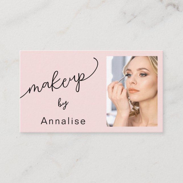 Carte De Visite Blush Pink Black Script Photo Makeup Business Card (Devant)