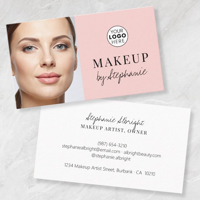 Carte De Visite Blush Pink Black Script Photo Makeup Business Card (Créateur téléchargé)