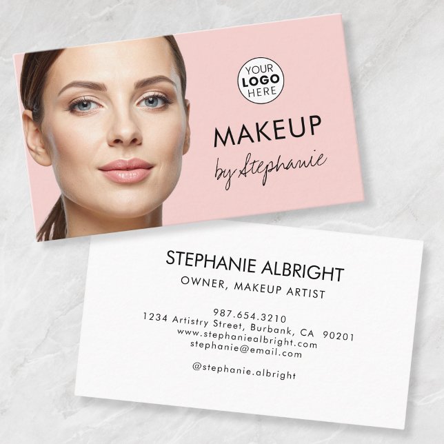 Carte De Visite Blush Pink Black Script Photo Makeup Business Card (Créateur téléchargé)