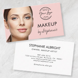 Carte De Visite Blush Pink Black Script Photo Makeup Business Card