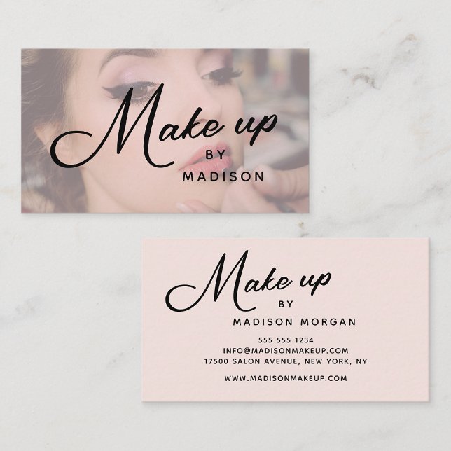 Carte De Visite Blush Pink Black Script Photo Makeup Business Card (Créateur téléchargé)