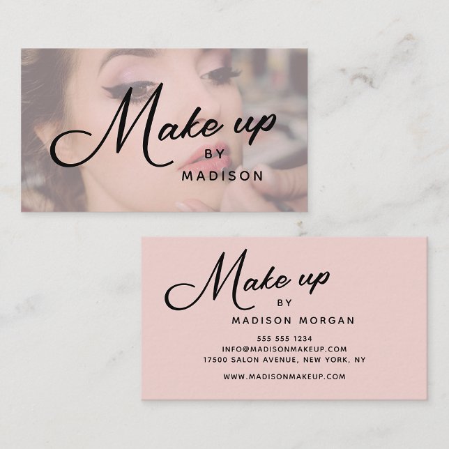 Carte De Visite Blush Pink Black Script Photo Makeup Business Card (Créateur téléchargé)