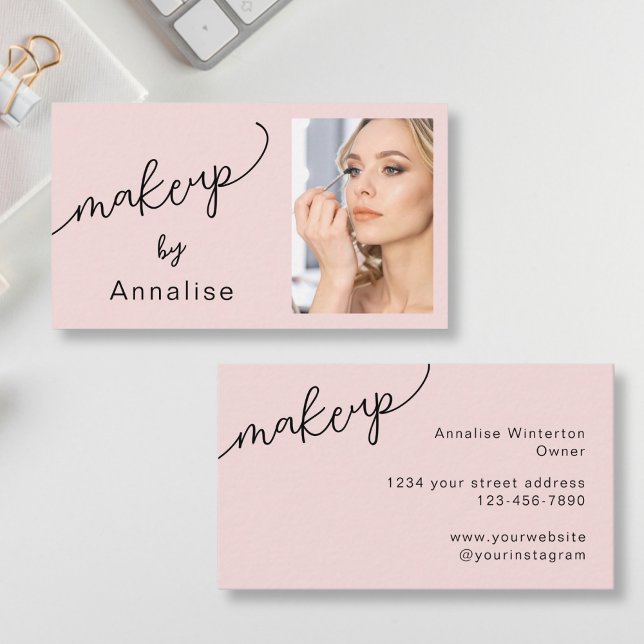 Carte De Visite Blush Pink Black Script Photo Makeup Business Card (Créateur téléchargé)