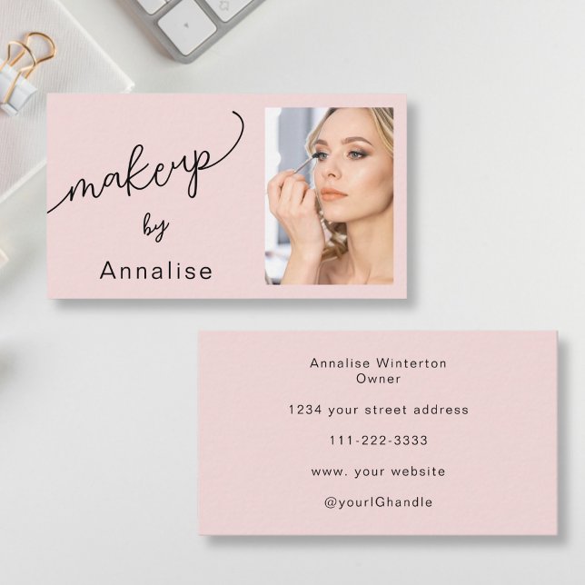 Carte De Visite Blush Pink Black Script Photo Makeup Business Card (Créateur téléchargé)