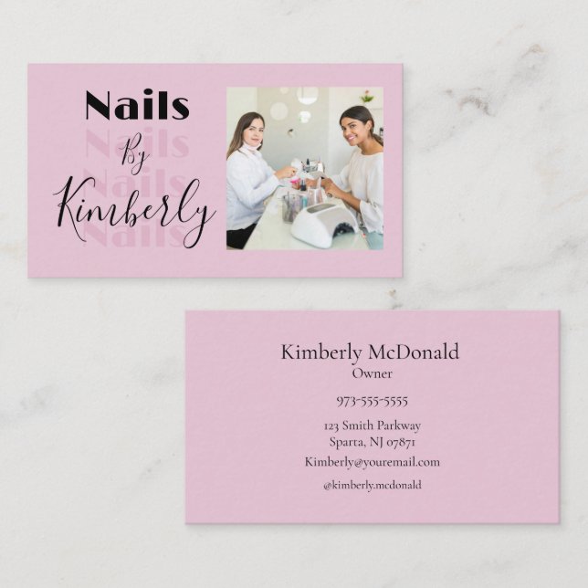 Carte De Visite Blush Pink Black Script Photo Nails Business Card (Devant / Derrière)