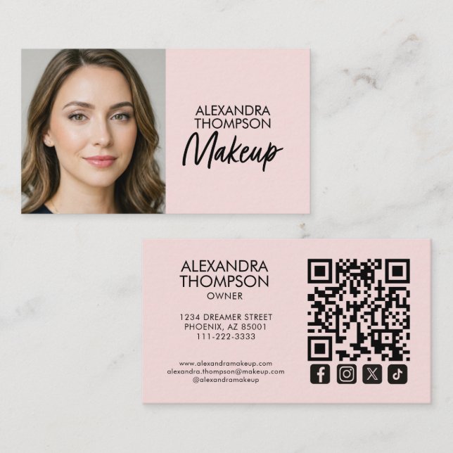 Carte De Visite Blush Pink Black Script Qr Code Social Icon Makeup (Devant / Derrière)
