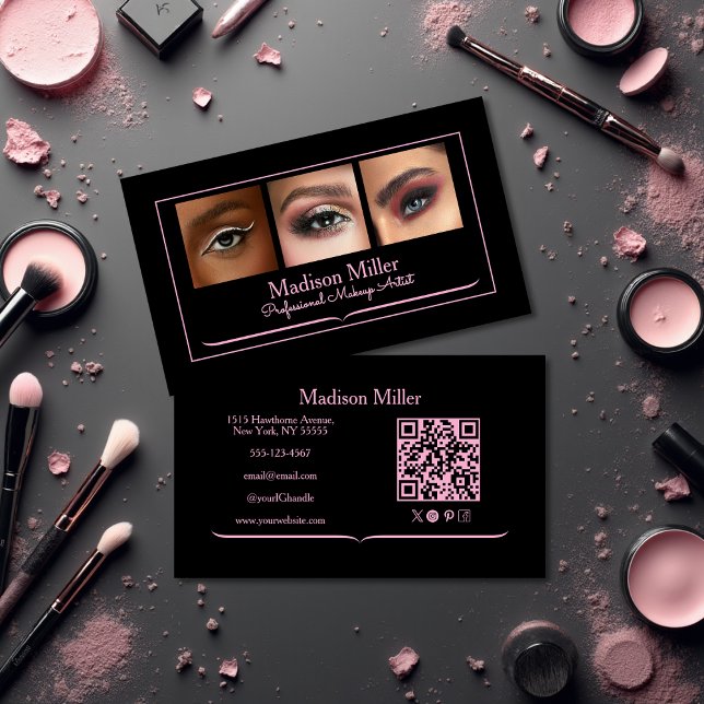 Carte De Visite Blush Pink Black Social Icon QR Code Photo Makeup (Créateur téléchargé)