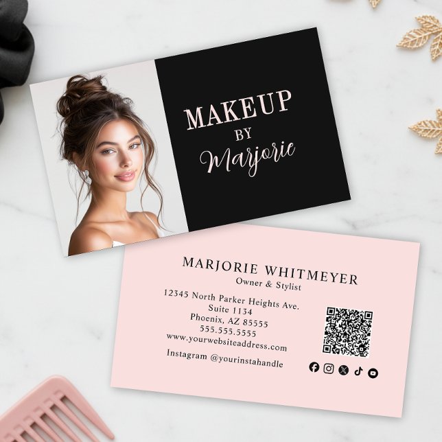 Carte De Visite Blush Pink Black Social Icon QR Code Photo Makeup (modern black blush pink script photo makeup business card with modern typography qr code and social )