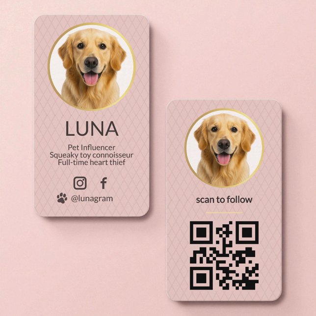 Carte De Visite Blush Pink Dog Pet Photo Social Media QR Code (Créateur téléchargé)