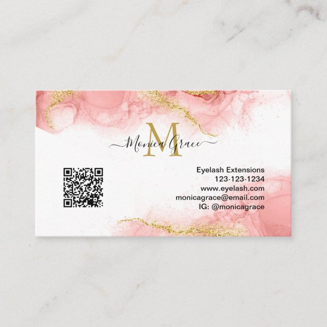 Carte De Visite Blush Pink Gold QR Code Logo personnalisé Agate Mo (Devant)