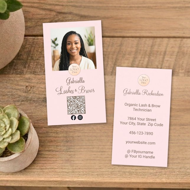 Carte De Visite Blush Pink Logo QR Code Photo Lashes and Brows (Créateur téléchargé)