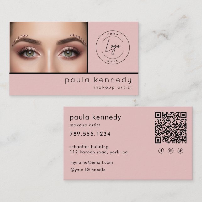 Carte De Visite Blush Pink Modern Photo Makeup QR Code (Devant / Derrière)