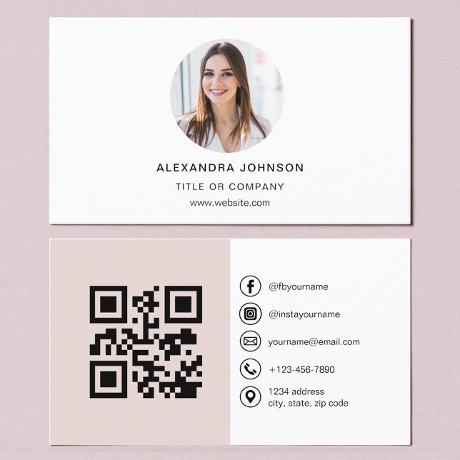 Carte De Visite Blush Pink Modern Photo with QR Code Social Media (Créateur téléchargé)