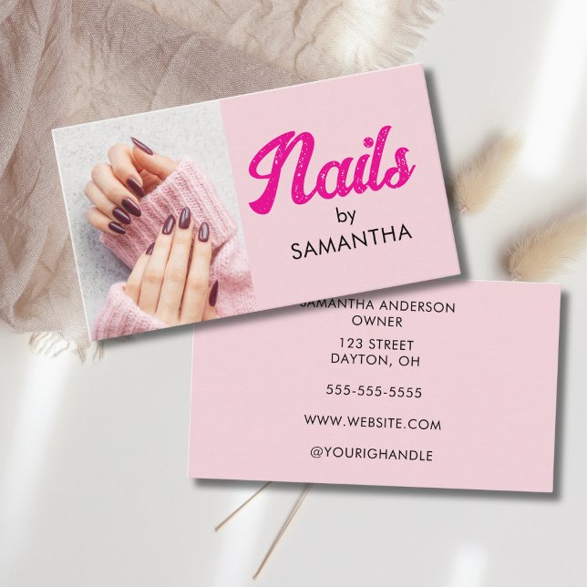 Carte De Visite Blush Pink Modern Script Photo Nails (Créateur téléchargé)