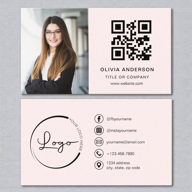 Carte De Visite Blush Pink Photo QR Code Médias sociaux (Créateur téléchargé)